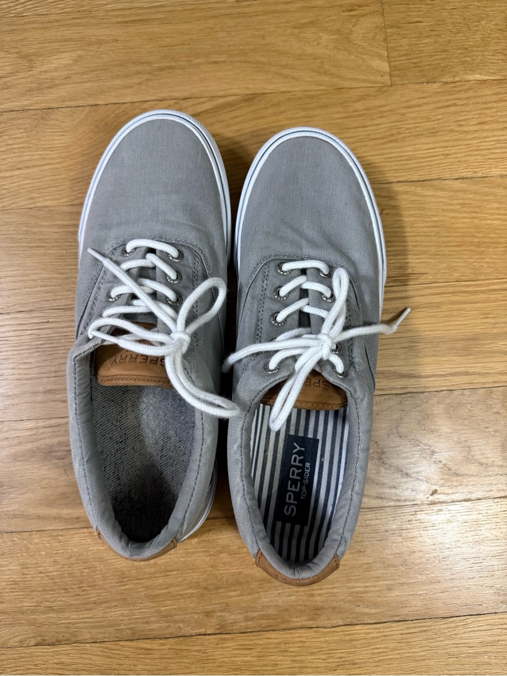 Sperry Men’s Gray Canvas Boat Shoes with White Laces, Size 11